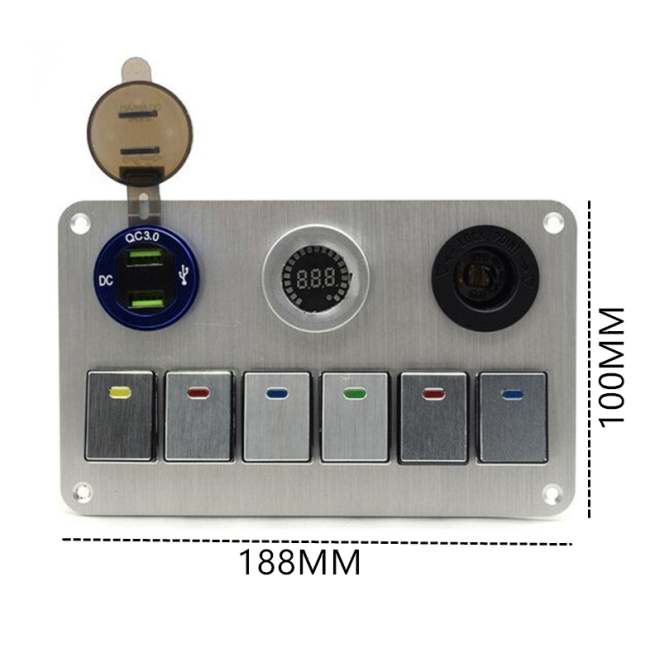 Technical diagram and specifications of the 6 gang switch panel