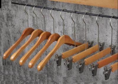 China Garment Shop Non Slip Clothes Hangers With Two Clips Birch Solid Wood Material for sale