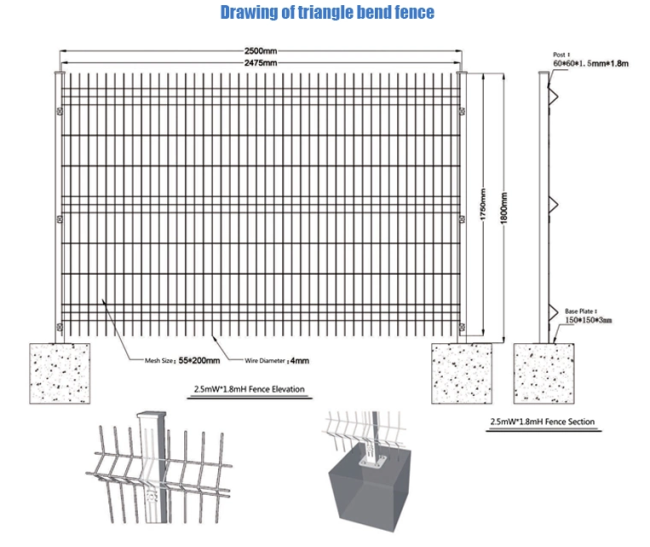 drawing of curved mesh fence
