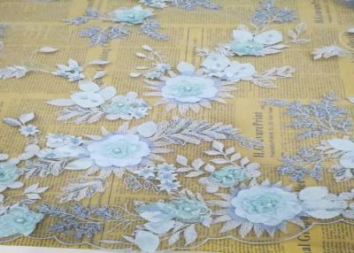 China Embroidery 3D Floral Wedding Dress Lace Fabric By The Yard With Beads Light Blue for sale