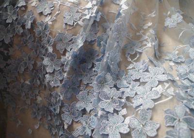 China Royal Blue Embroidery Tulle Lace Fabric With 3D Flowers For Haute Couture for sale