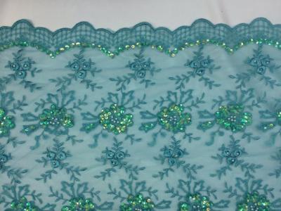 China Green Scalloped Beaded Lace Fabric By The Yard For Wedding Bridals / Gowns for sale