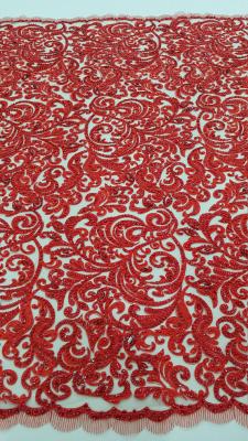 China 125cm Red Embroidered Beaded Lace Fabric , Beaded Bridal Lace By The Yard for sale