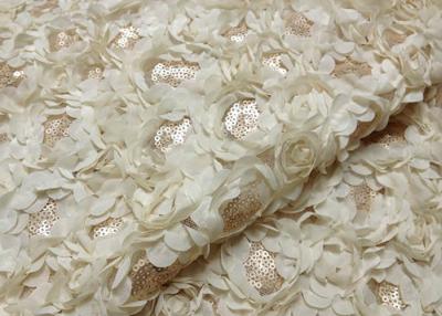 China Romantic Champagne Rosette Sequin Lace Fabric , Nylon Bridal Mesh Fabric for sale