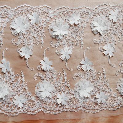 China Beautiful White 3D Flower Lace Fabric , Double Edge Alencon Beaded Lace Fabric for sale