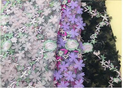 China 3D Flower Embroidered Stretch Mesh Fabric , Coloured Tulle Lace Fabric for sale