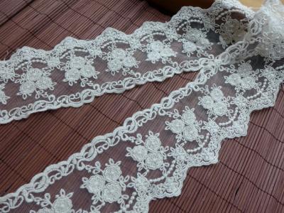 China 9CM Stretch Flower Cream Lace Ribbon , Wedding Dress Embroidered Lace Trim for sale