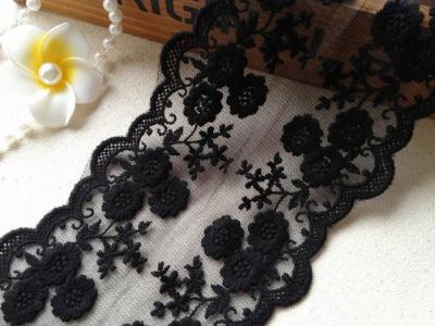 China Black Flower Embroidery Tulle Mesh Nylon Lace Trim With Scalloped Edge 4.3'' Width for sale