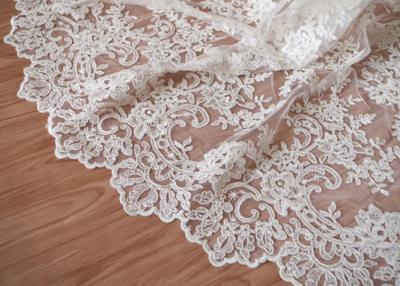 China Retro Embroidery Ivory Bridal Lace Fabric / Stretch Tulle Fabric For Wedding Dresses for sale