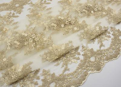 China Golden Corded Floral Embroidered Tulle Fabric Scalloped Edge For Wedding Dresses for sale
