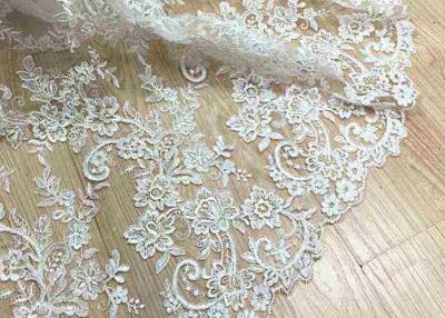 China Delicate Ivory Corded Lace Fabric , Floral White Embroidered Tulle Fabric For Wedding Dress for sale