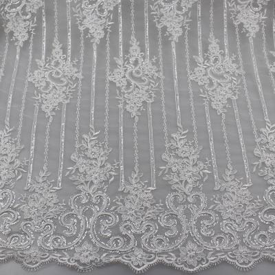 China Floral Corded Embroidered Sequin Lace Fabric For Bridal Gowns Dresses for sale