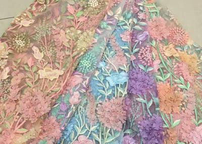 China Bead Embroidered Lace Fabric, Scalloped Multi Color 3D Flower Lace Fabric For Dress for sale