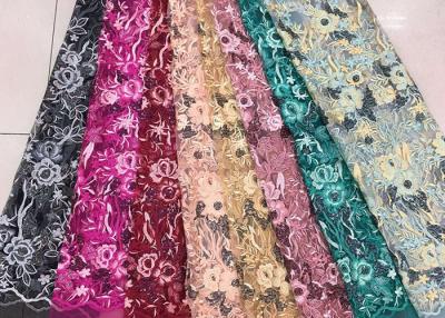 China Gold Silver Sequin Fabric , Multi Colored Embroidered Floral Dress Lace Fabric For Gown for sale