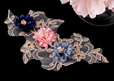 China Corded Multi Color 3D Lace Applique With Three Flowers Gold Metallic for sale