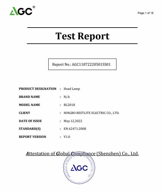 EN62471 Test Report - Ningbo Bestlite Electric Co., Ltd