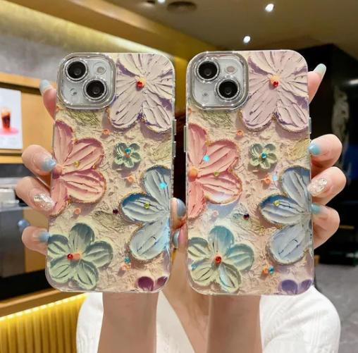 Blue rhinestone flower phone case side view