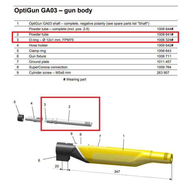 Close-up view of powder tube for GA03 powder coating gun
