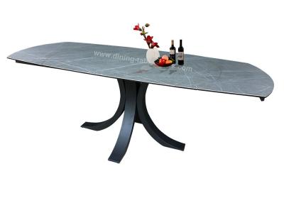 China Horsebelly Extension Dining Room Table Tempered Glass With Grey Textured Top for sale