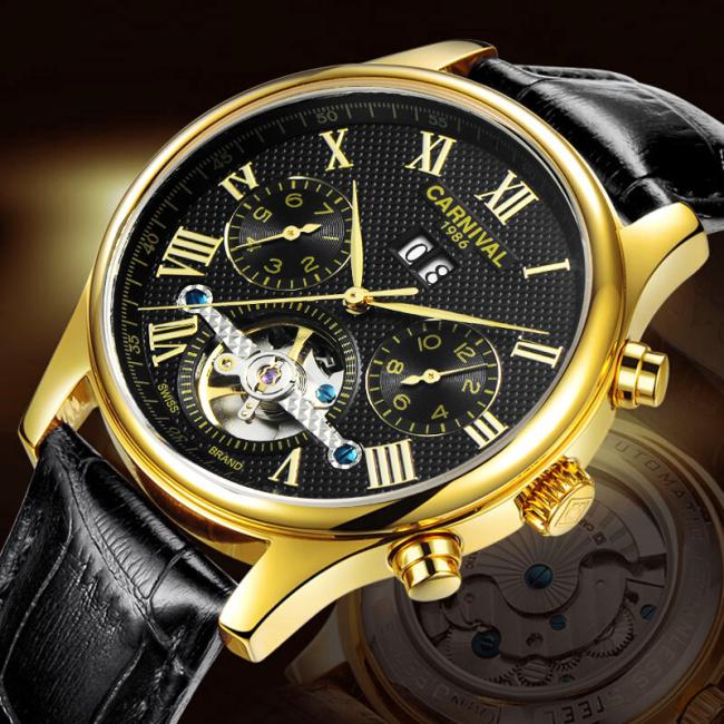Carnival Men’s Roman‑Numeral Automatic Watch, Gold‑Case Hollow‑Skeleton Wrist Watch with Genuine Leather Strap