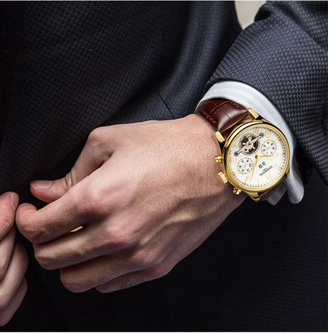 Carnival Men’s Roman‑Numeral Automatic Watch, Gold‑Case Hollow‑Skeleton Wrist Watch with Genuine Leather Strap