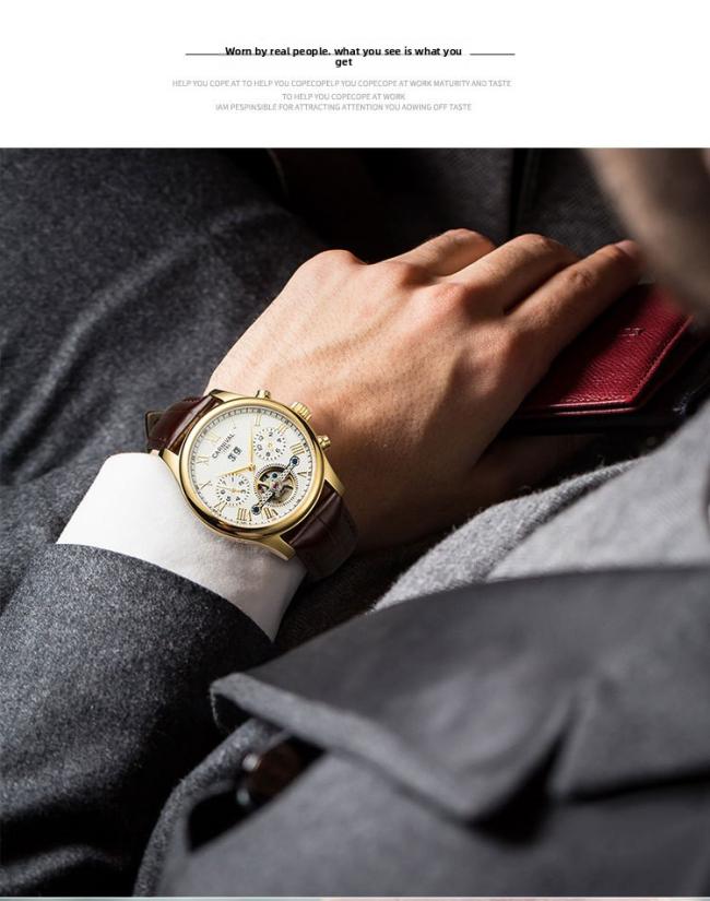 Carnival Men’s Roman‑Numeral Automatic Watch, Gold‑Case Hollow‑Skeleton Wrist Watch with Genuine Leather Strap