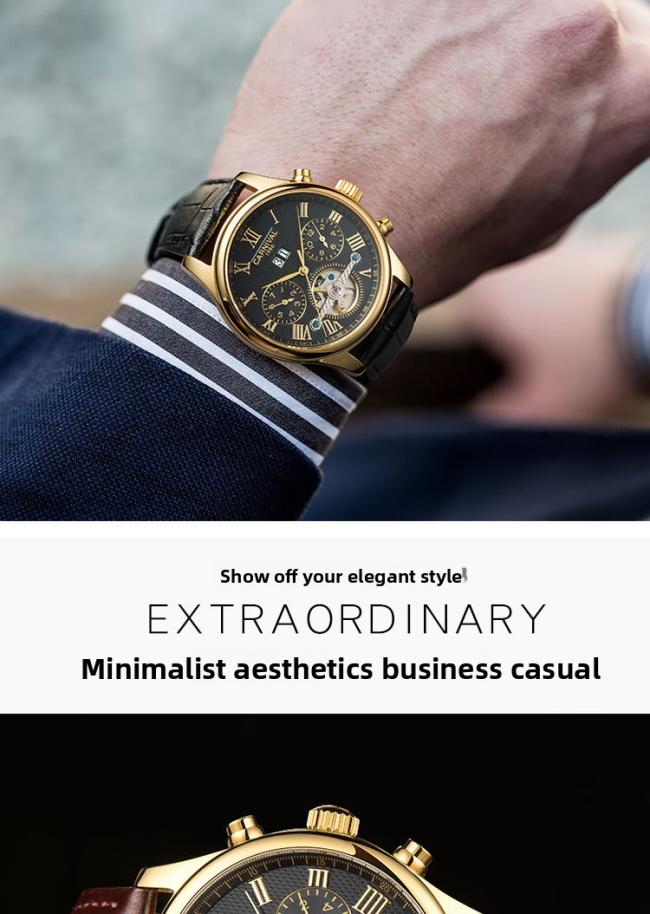 Carnival Men’s Roman‑Numeral Automatic Watch, Gold‑Case Hollow‑Skeleton Wrist Watch with Genuine Leather Strap