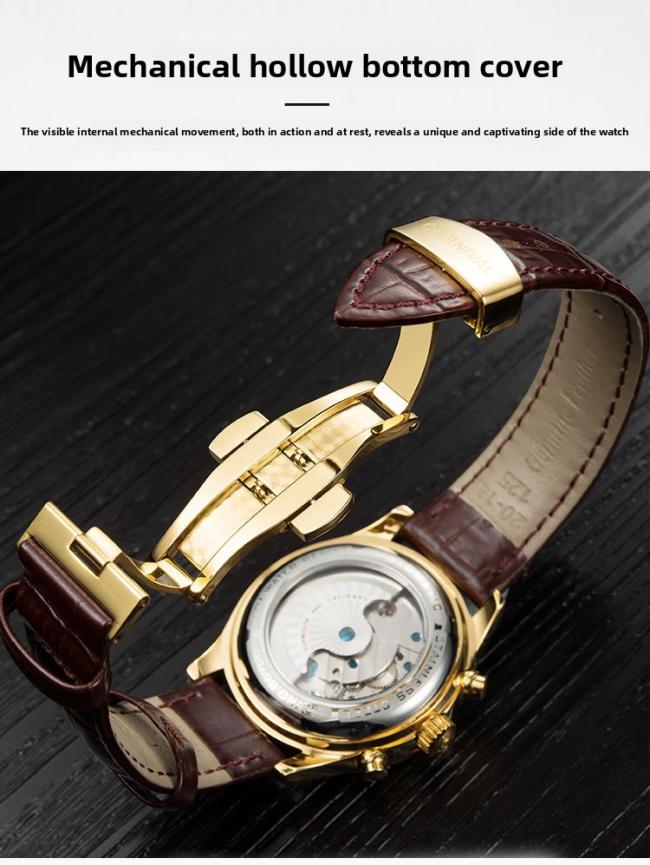 Carnival Men’s Roman‑Numeral Automatic Watch, Gold‑Case Hollow‑Skeleton Wrist Watch with Genuine Leather Strap