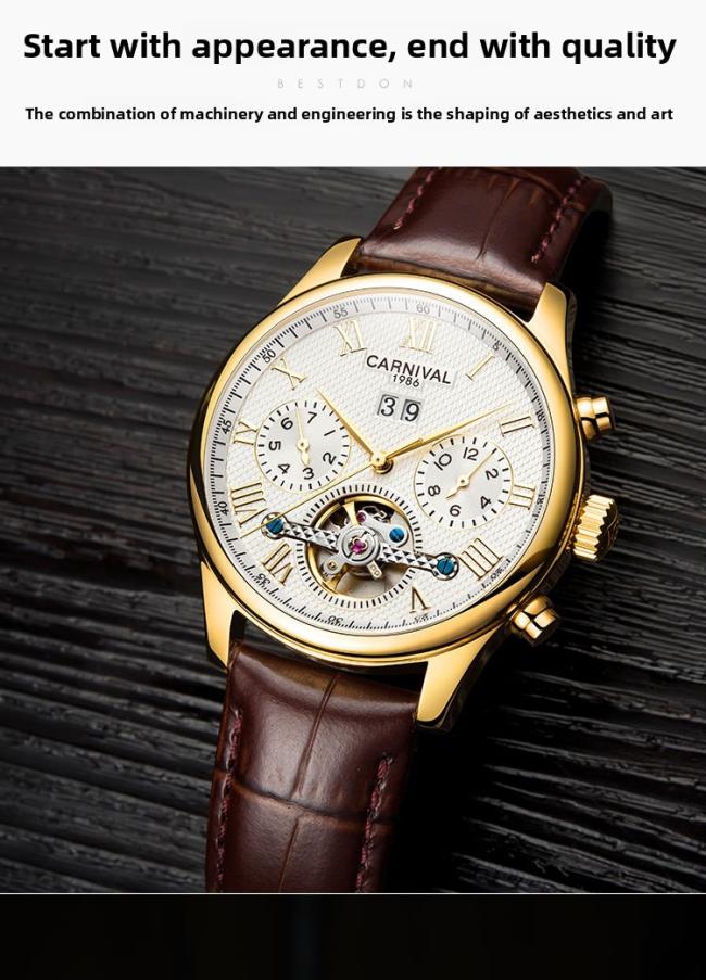 Carnival Men’s Roman‑Numeral Automatic Watch, Gold‑Case Hollow‑Skeleton Wrist Watch with Genuine Leather Strap