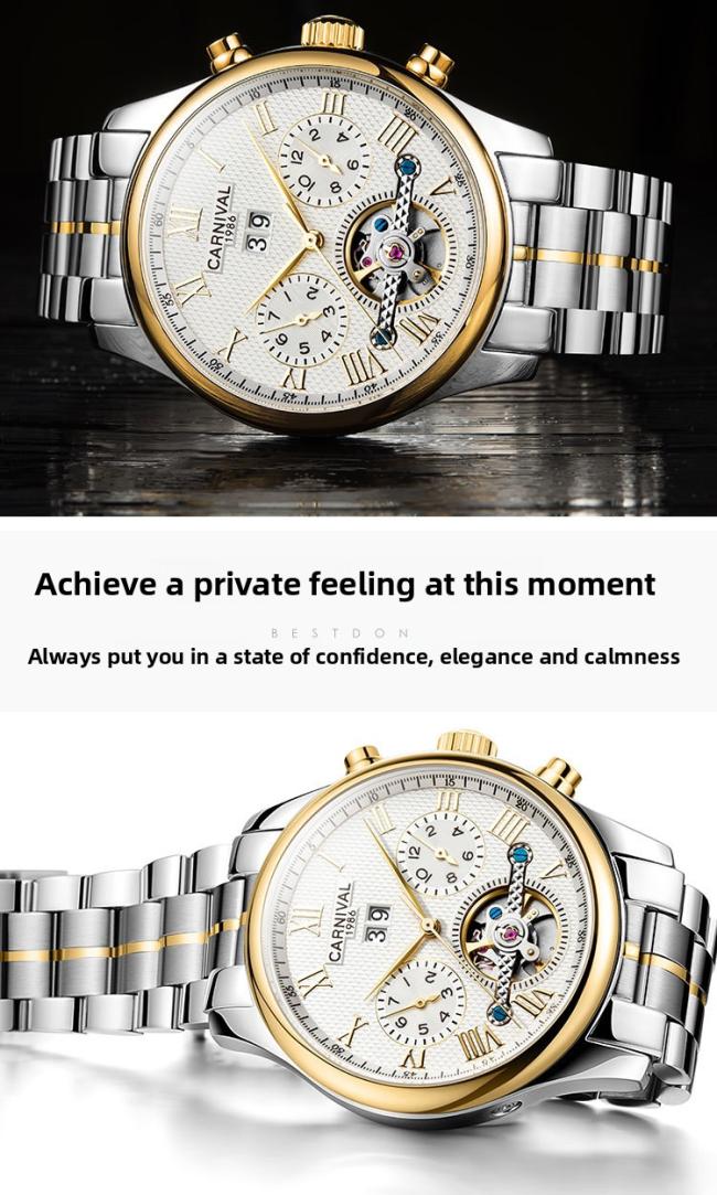 Carnival Men’s Roman‑Numeral Automatic Watch, Gold‑Case Hollow‑Skeleton Wrist Watch with Genuine Leather Strap