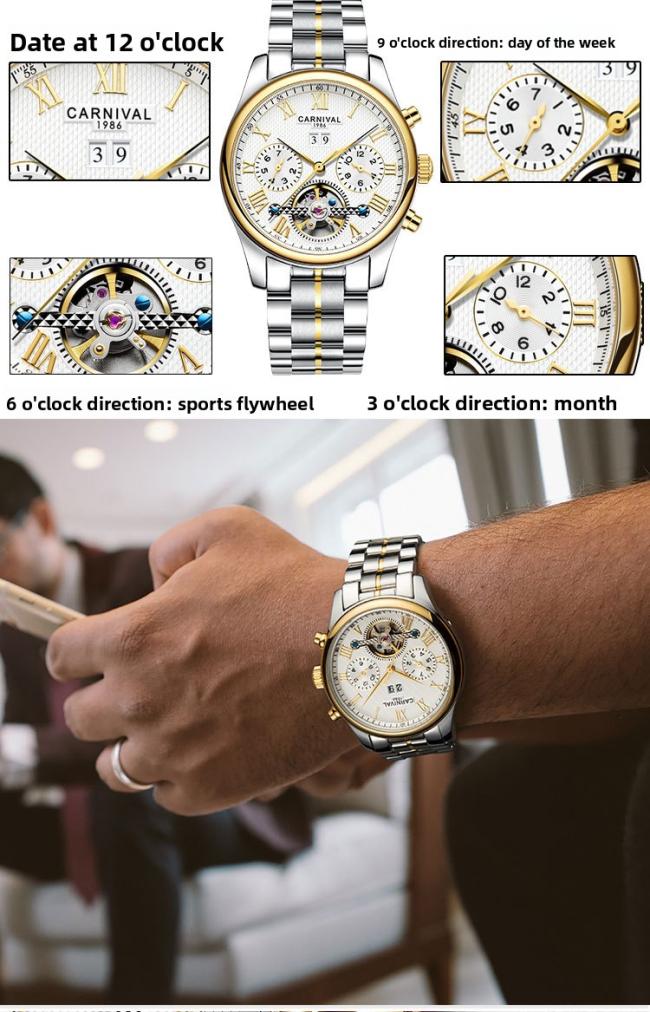 Carnival Men’s Roman‑Numeral Automatic Watch, Gold‑Case Hollow‑Skeleton Wrist Watch with Genuine Leather Strap