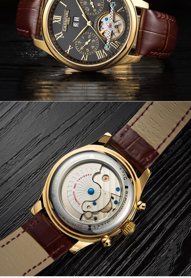 Carnival Men’s Roman‑Numeral Automatic Watch, Gold‑Case Hollow‑Skeleton Wrist Watch with Genuine Leather Strap