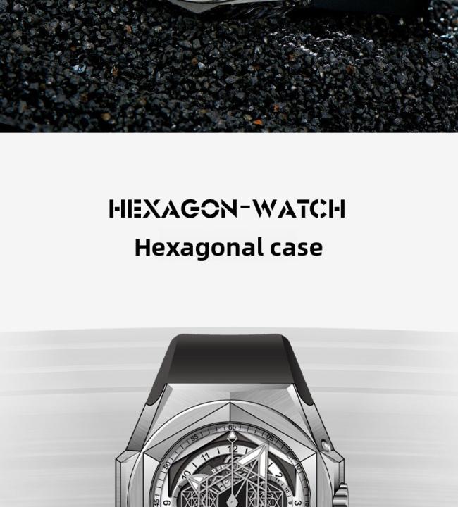Reef‑Tiger Hexagonal‑Case Men’s Automatic‑Mechanical Watch, Hollow‑Skeleton Large‑Dial Wrist Watch with Unique‑Shaped Hands