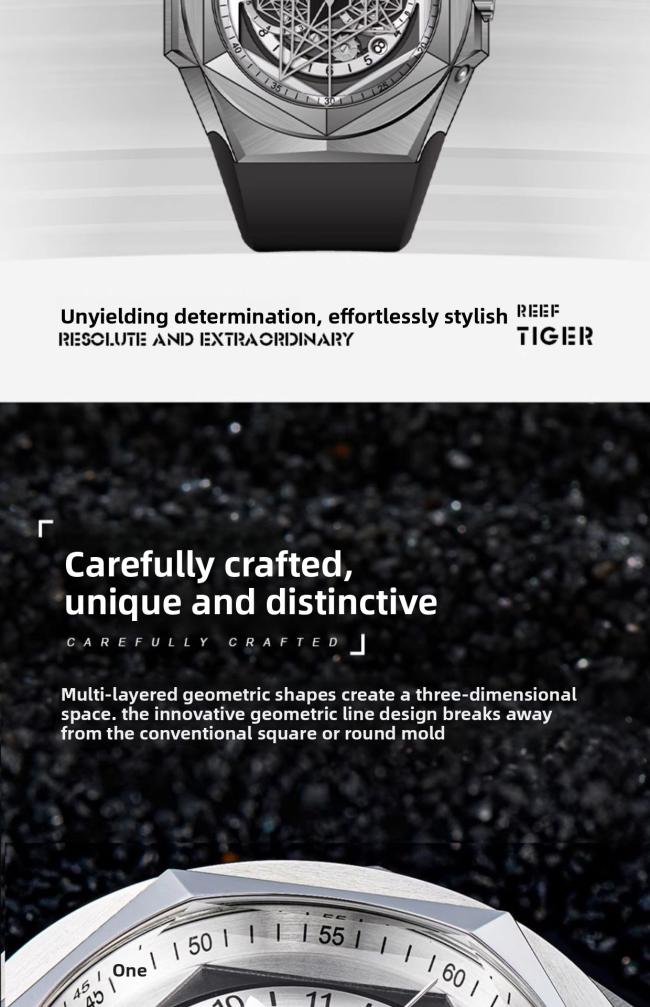 Reef‑Tiger Hexagonal‑Case Men’s Automatic‑Mechanical Watch, Hollow‑Skeleton Large‑Dial Wrist Watch with Unique‑Shaped Hands