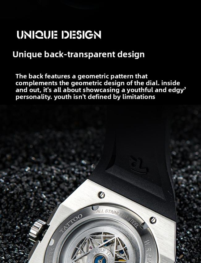 Reef‑Tiger Hexagonal‑Case Men’s Automatic‑Mechanical Watch, Hollow‑Skeleton Large‑Dial Wrist Watch with Unique‑Shaped Hands