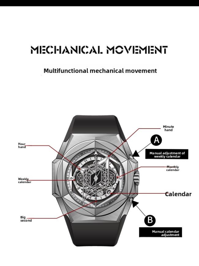 Reef‑Tiger Hexagonal‑Case Men’s Automatic‑Mechanical Watch, Hollow‑Skeleton Large‑Dial Wrist Watch with Unique‑Shaped Hands