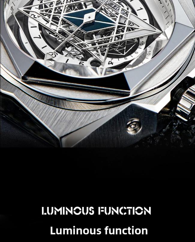Reef‑Tiger Hexagonal‑Case Men’s Automatic‑Mechanical Watch, Hollow‑Skeleton Large‑Dial Wrist Watch with Unique‑Shaped Hands