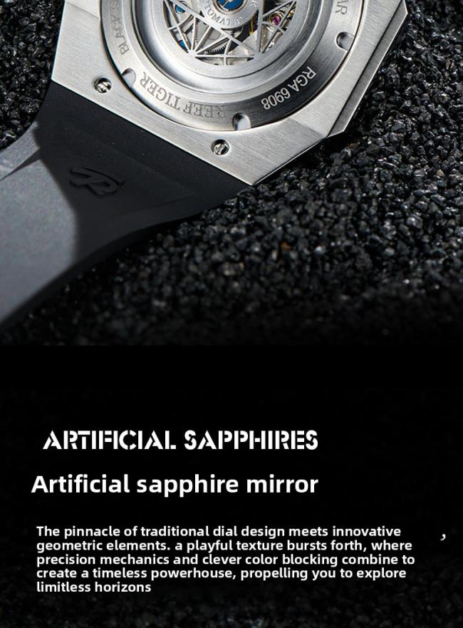 Reef‑Tiger Hexagonal‑Case Men’s Automatic‑Mechanical Watch, Hollow‑Skeleton Large‑Dial Wrist Watch with Unique‑Shaped Hands