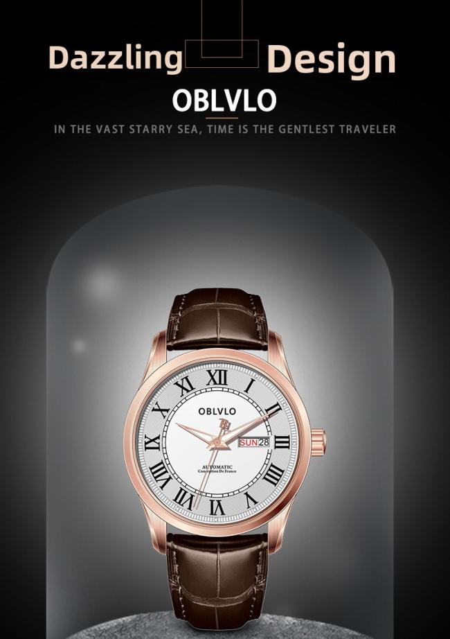 OBLVLO Men’s Roman‑Numeral Automatic Watch, Gold‑Case Business Wrist Watch with Genuine Leather Strap