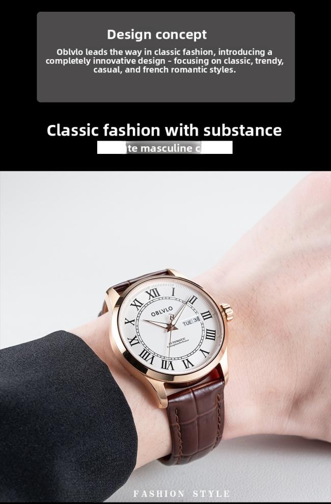 OBLVLO Men’s Roman‑Numeral Automatic Watch, Gold‑Case Business Wrist Watch with Genuine Leather Strap