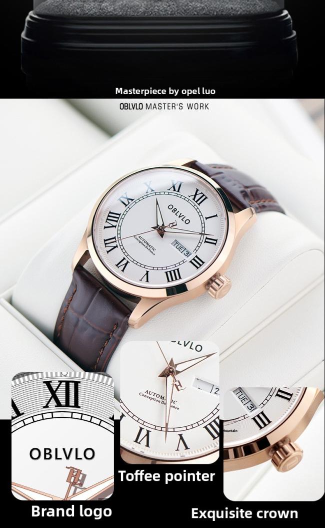 OBLVLO Men’s Roman‑Numeral Automatic Watch, Gold‑Case Business Wrist Watch with Genuine Leather Strap