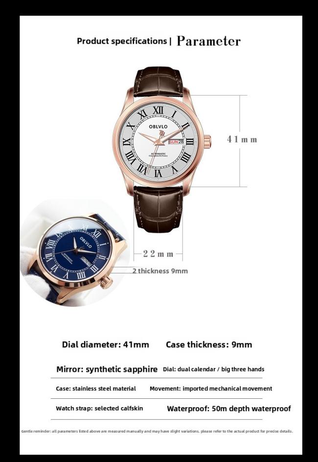 OBLVLO Men’s Roman‑Numeral Automatic Watch, Gold‑Case Business Wrist Watch with Genuine Leather Strap
