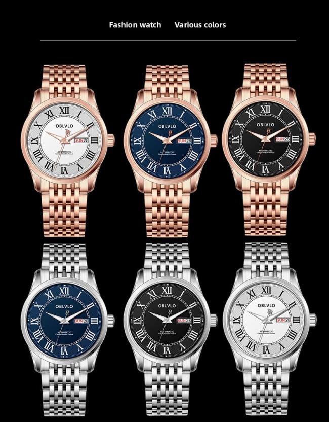 OBLVLO Men’s Roman‑Numeral Automatic Watch, Gold‑Case Business Wrist Watch with Genuine Leather Strap
