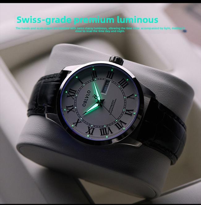 OBLVLO Men’s Roman‑Numeral Automatic Watch, Gold‑Case Business Wrist Watch with Genuine Leather Strap