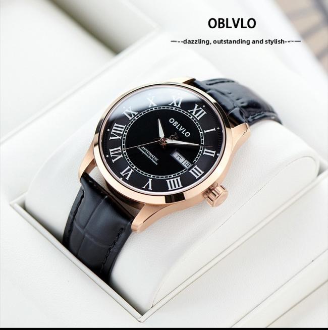 OBLVLO Men’s Roman‑Numeral Automatic Watch, Gold‑Case Business Wrist Watch with Genuine Leather Strap