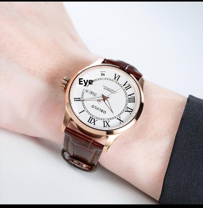 OBLVLO Men’s Roman‑Numeral Automatic Watch, Gold‑Case Business Wrist Watch with Genuine Leather Strap