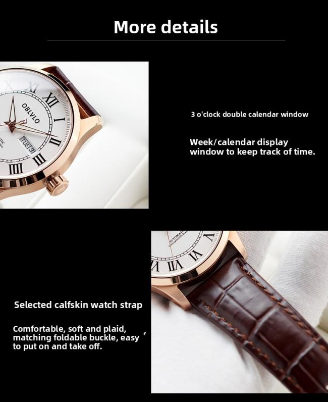 OBLVLO Men’s Roman‑Numeral Automatic Watch, Gold‑Case Business Wrist Watch with Genuine Leather Strap