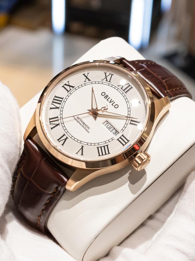OBLVLO Men’s Roman‑Numeral Automatic Watch, Gold‑Case Business Wrist Watch with Genuine Leather Strap