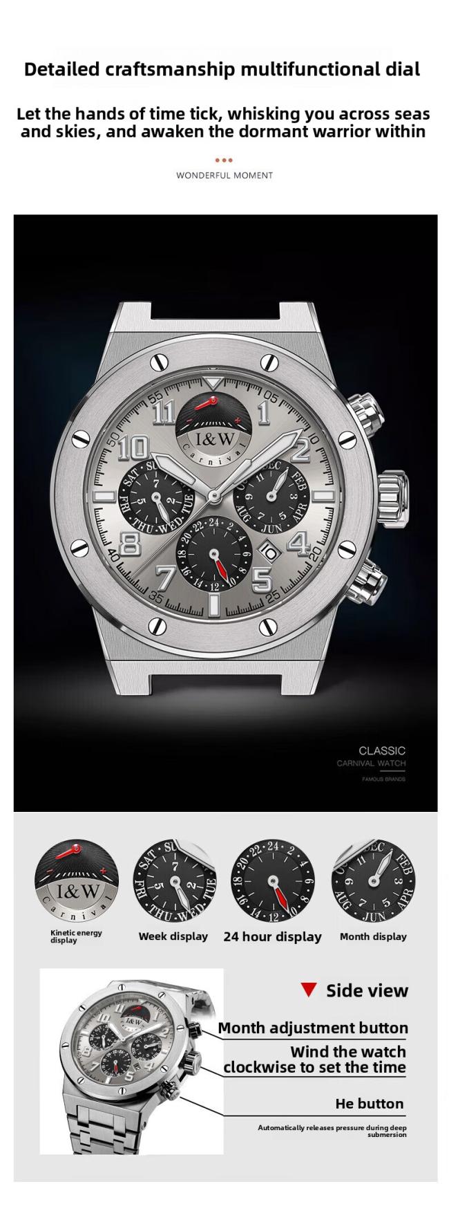 Carnival Men’s Sports Chronograph Watch, Stainless‑Steel Case Silicone‑Strap Multi‑Function Wrist Watch