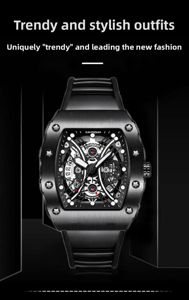 Men’s Tonneau Hollow‑Dial Quartz Watch, Stainless‑Steel Case Soft Silicone Strap Sports Wrist Watch